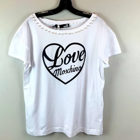 Authentic Love Moschino Faux Pearl Embellished Glittered Tee NWT - Picture 9 of 14